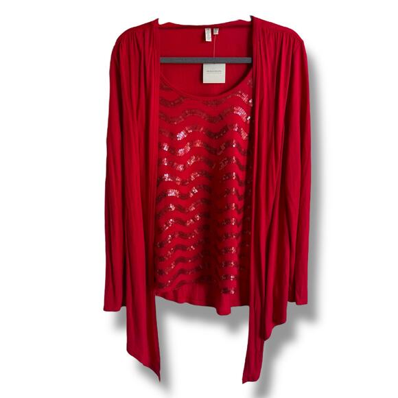 Madison Womens Top Sz XL Red‎ Sequined Cardigan Look Flowy Knit NEW with Tags - Picture 3 of 6